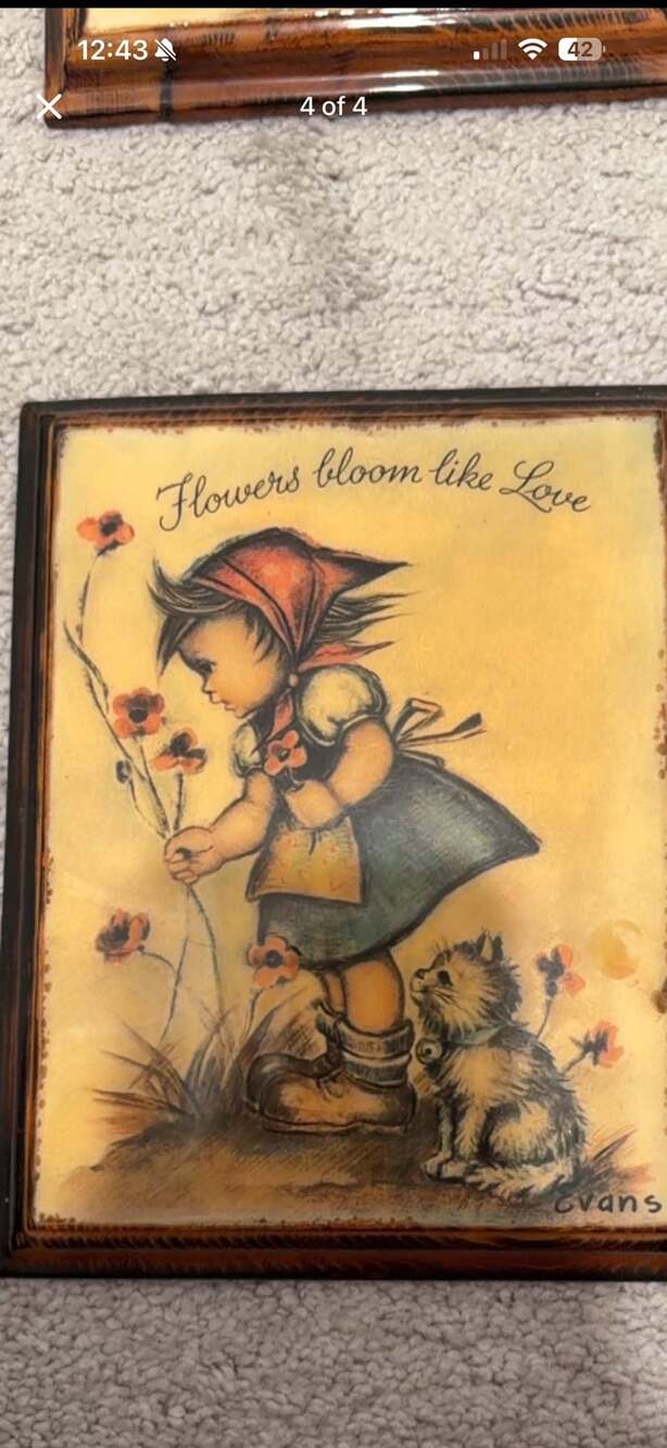 Evans Vintage Set of 4 Hummel Lithograph Wood Wall Plaques Art